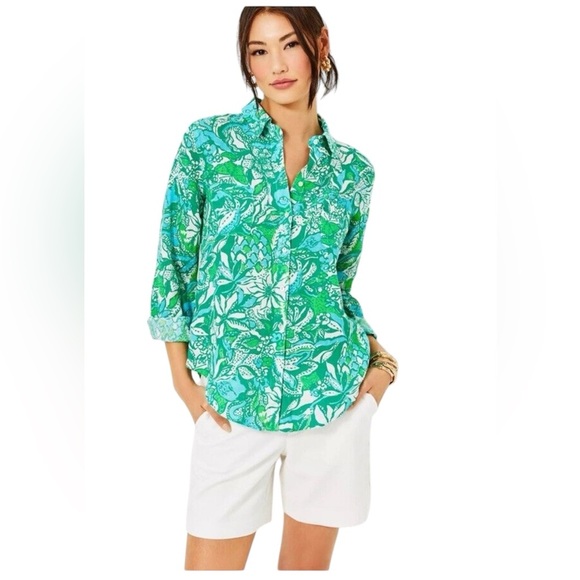 Lilly Pulitzer sea view linen button down shirt in botanical green safari M - Picture 1 of 12